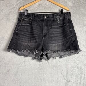 American Eagle Outfitters Womens Black Denim High Rise Raw Hem Shorts Size 16